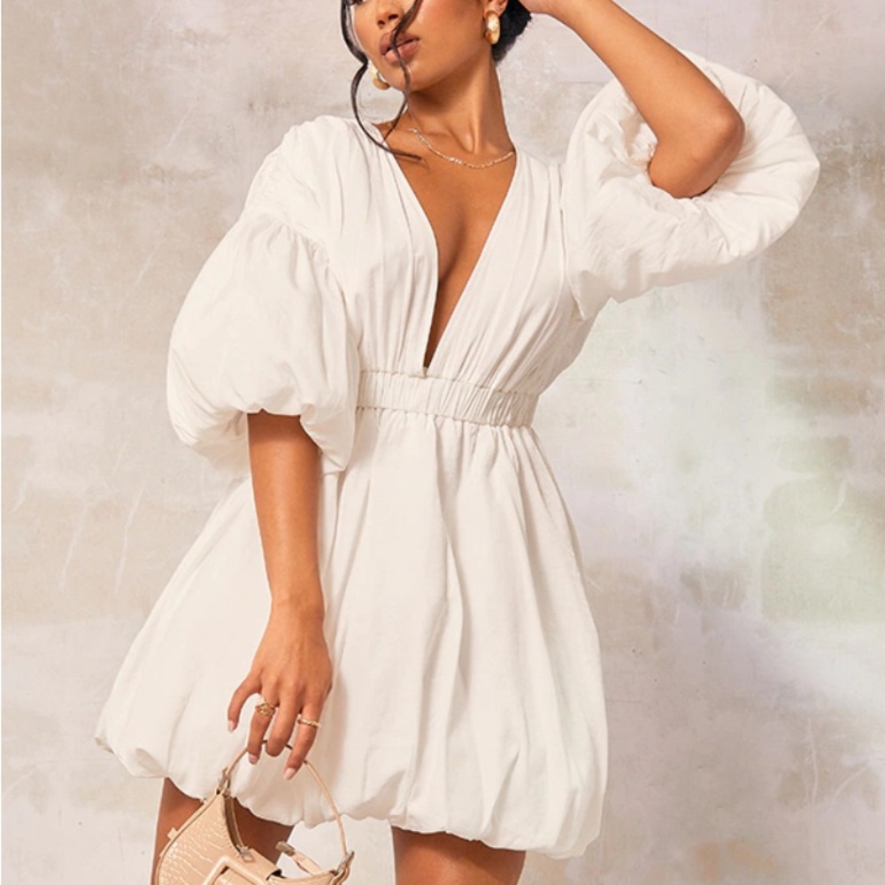 White Puff Sleeve Puffball Hem Shift Dress